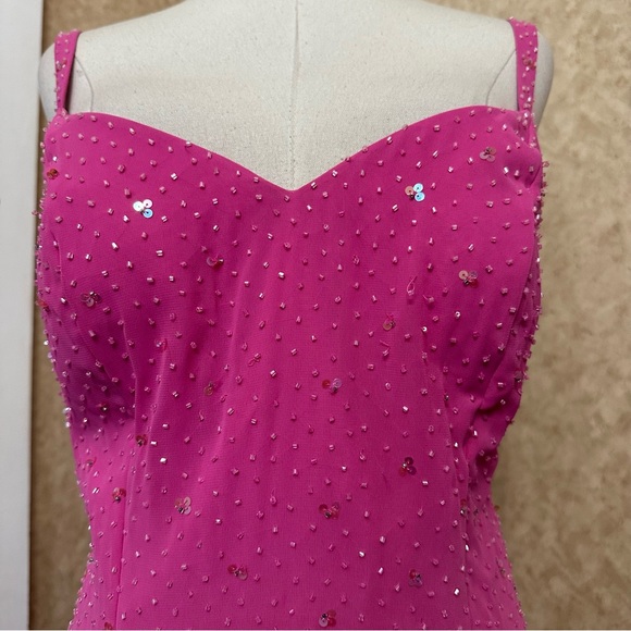 VTG Y2K 2000s Hot Pink Fully Beaded Sequin Open Back Formal Prom Dress - Picture 3 of 13